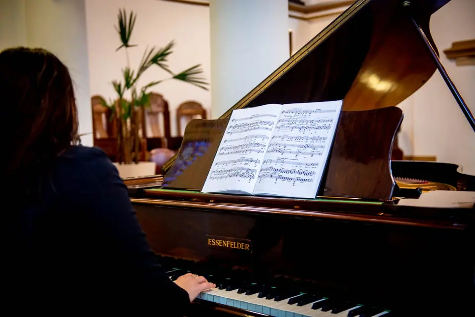 Raquel Gonçalves de costas, tocando um piano com a partitura aberta, em uma sala com plantas ao fundo.